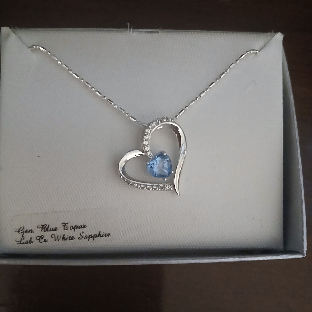 Silver Heart Pendant Necklace with Blue Heart Gem